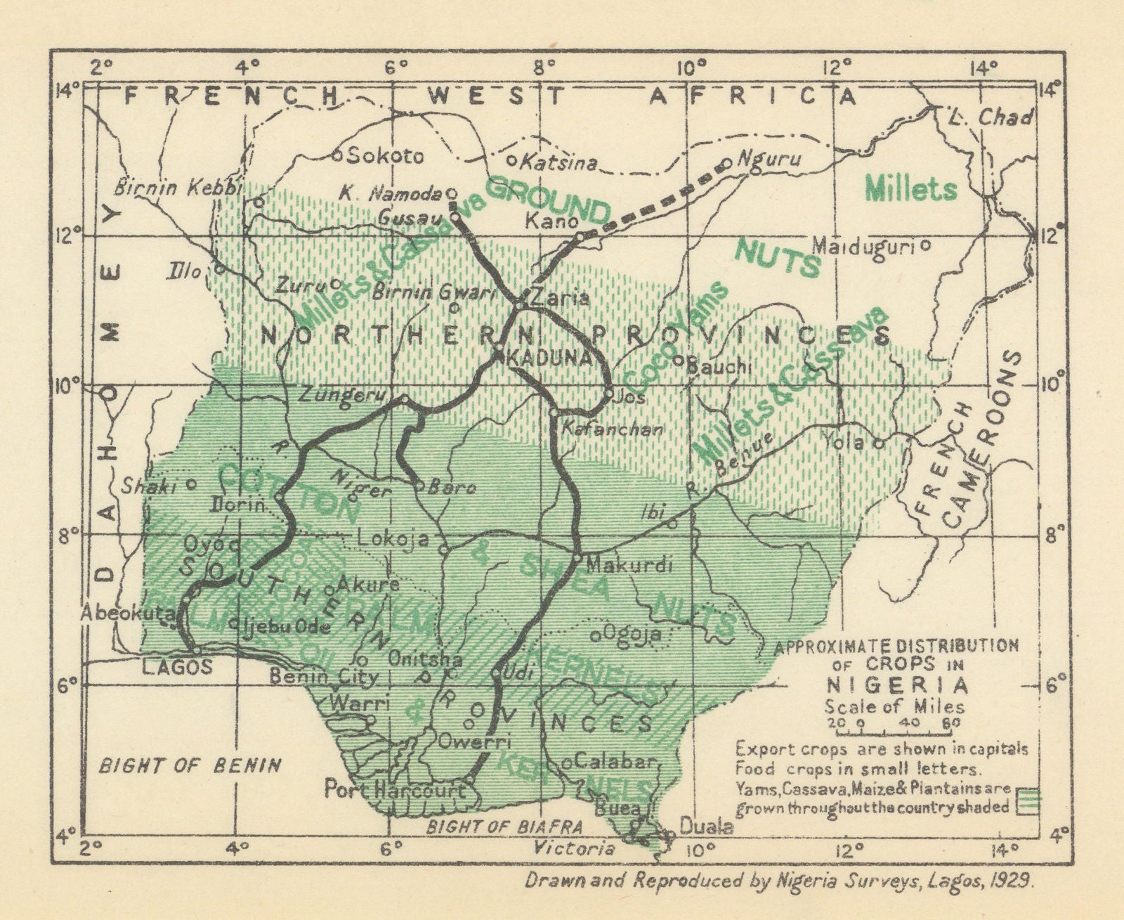 Approximate distribution of Crops in Nigeria 1929 old vintage map plan chart